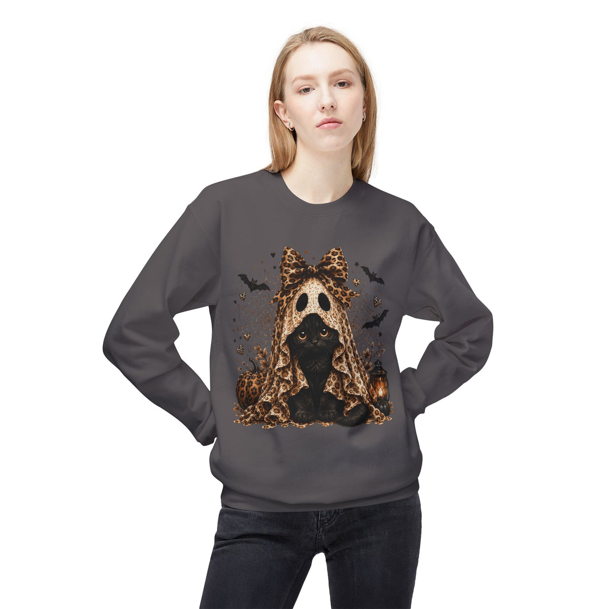 Halloween Black Cat in Ghost Costume Crewneck Sweatshirt