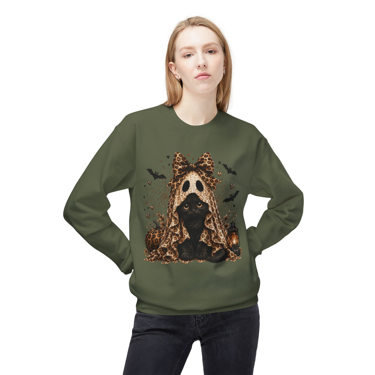 Halloween Black Cat in Ghost Costume Crewneck Sweatshirt