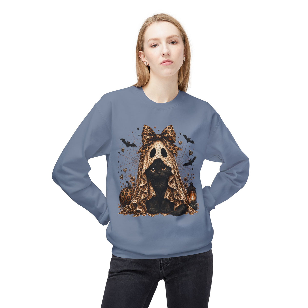 Halloween Black Cat in Ghost Costume Crewneck Sweatshirt