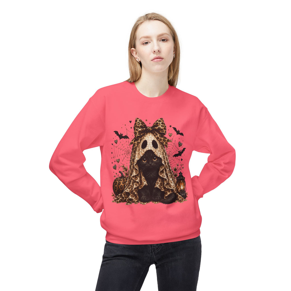 Halloween Black Cat in Ghost Costume Crewneck Sweatshirt