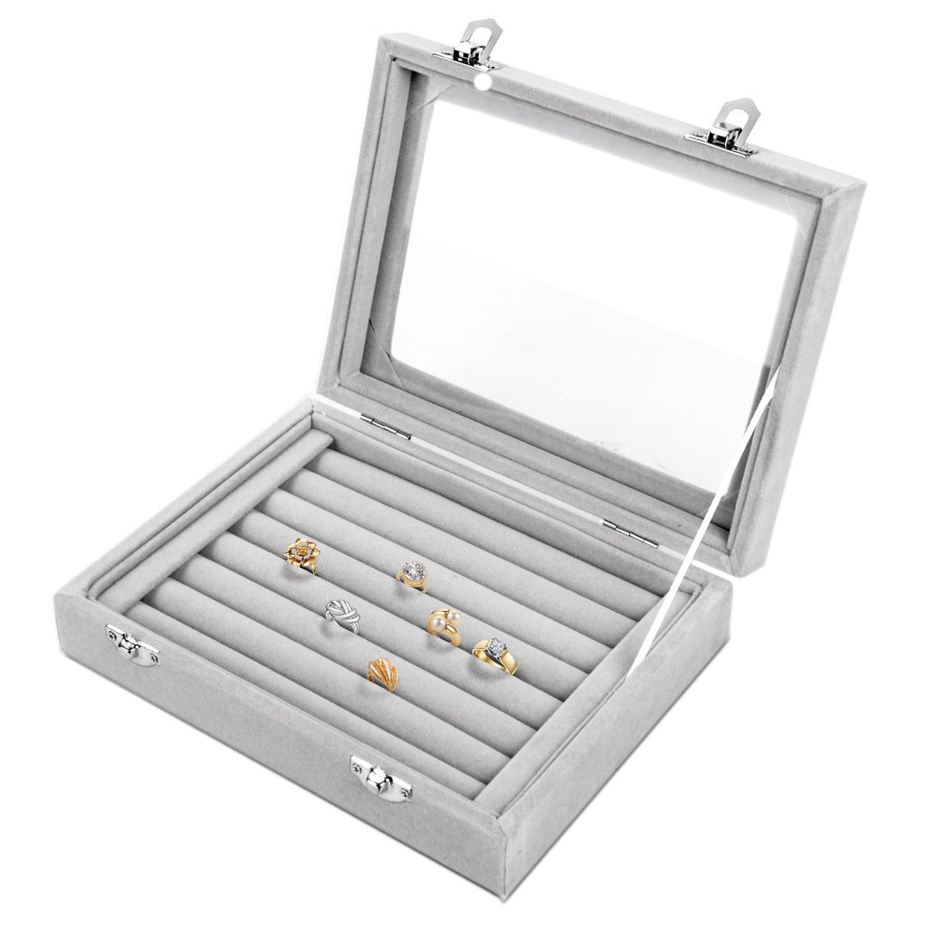 Earring Storage 7 Slots Velvet Jewelry Tray for Drawers Glass Clear Lid Showcase Display Ring Organizer Earring Ring Trays Holder Cufflink Showcase - Gray
