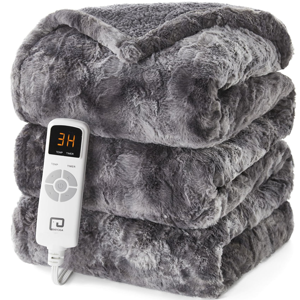 Electric Heated Blanket Full Size Faux Fur 10 Hours Auto Shut Off 9 Heating Levels Heating Blanket Soft Warm Heated Blanket Fast Heating Grey Faux Fur & Sherpa